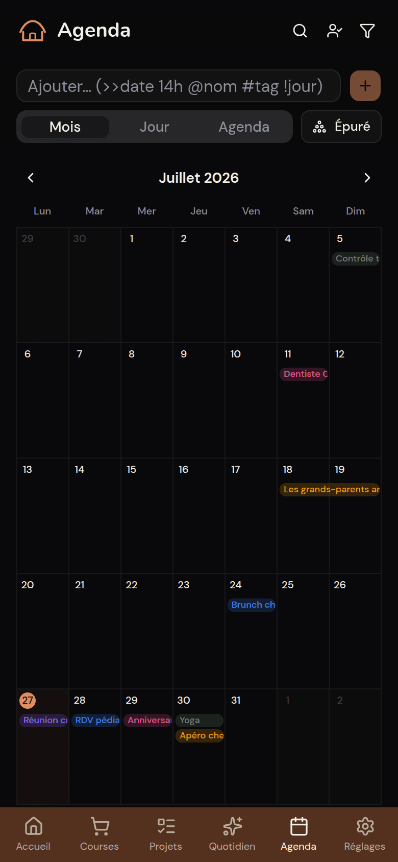 Agenda familial partagé Kotidy, vue mois