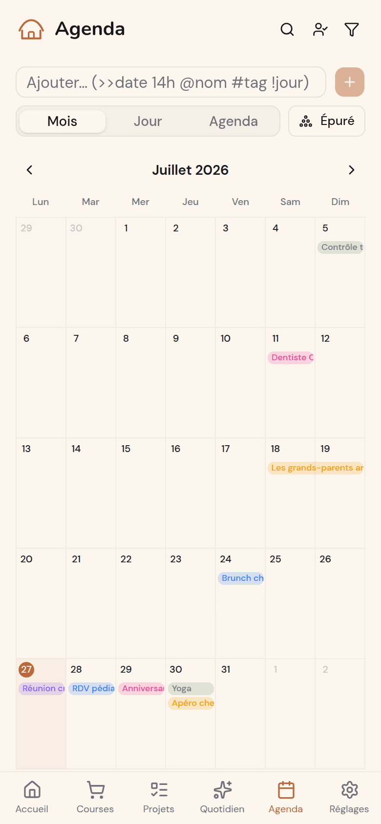 Agenda familial partagé Kotidy, vue mois