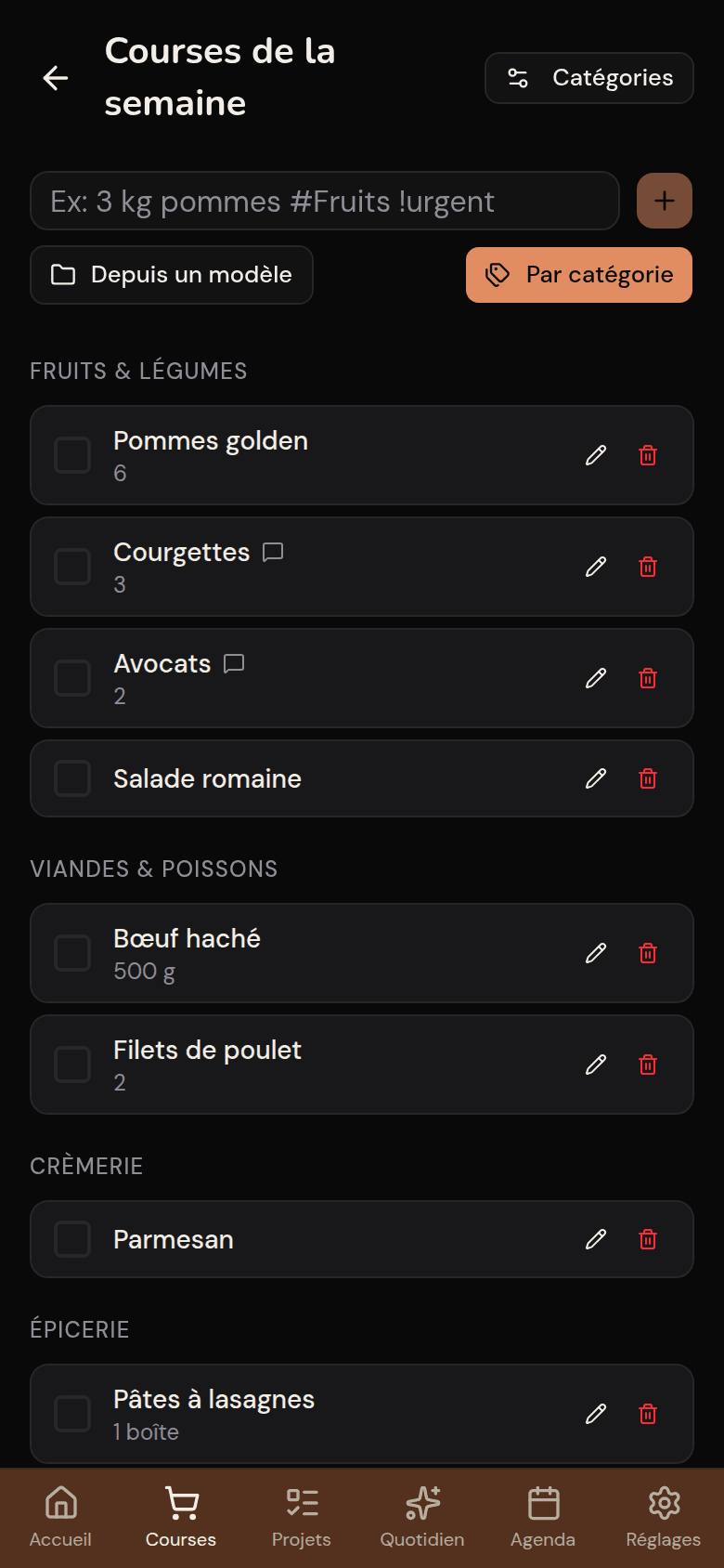 Liste de courses partagée Kotidy, groupée par rayon