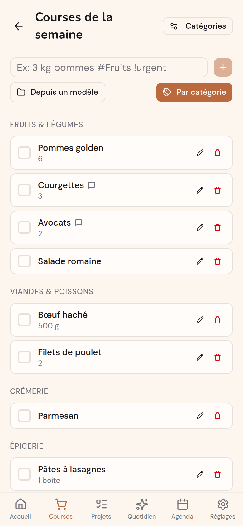 Liste de courses partagée Kotidy, groupée par rayon