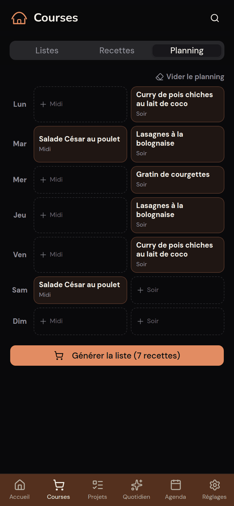 Planning des repas de la semaine dans Kotidy
