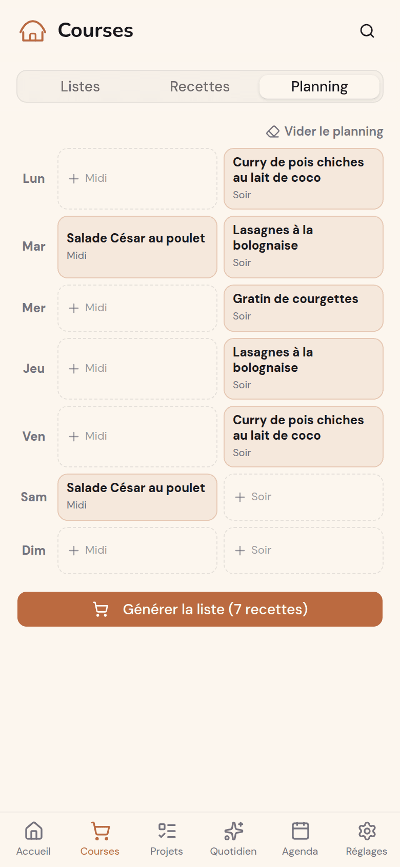 Planning des repas de la semaine dans Kotidy