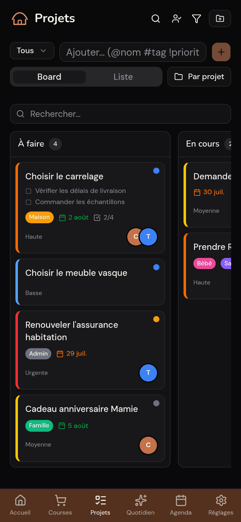 Board kanban des projets du foyer dans Kotidy