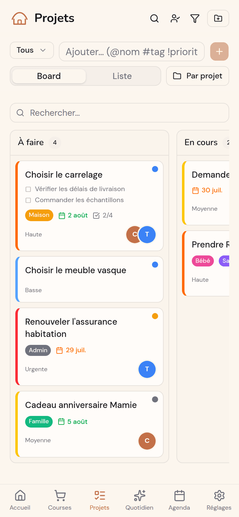 Board kanban des projets du foyer dans Kotidy