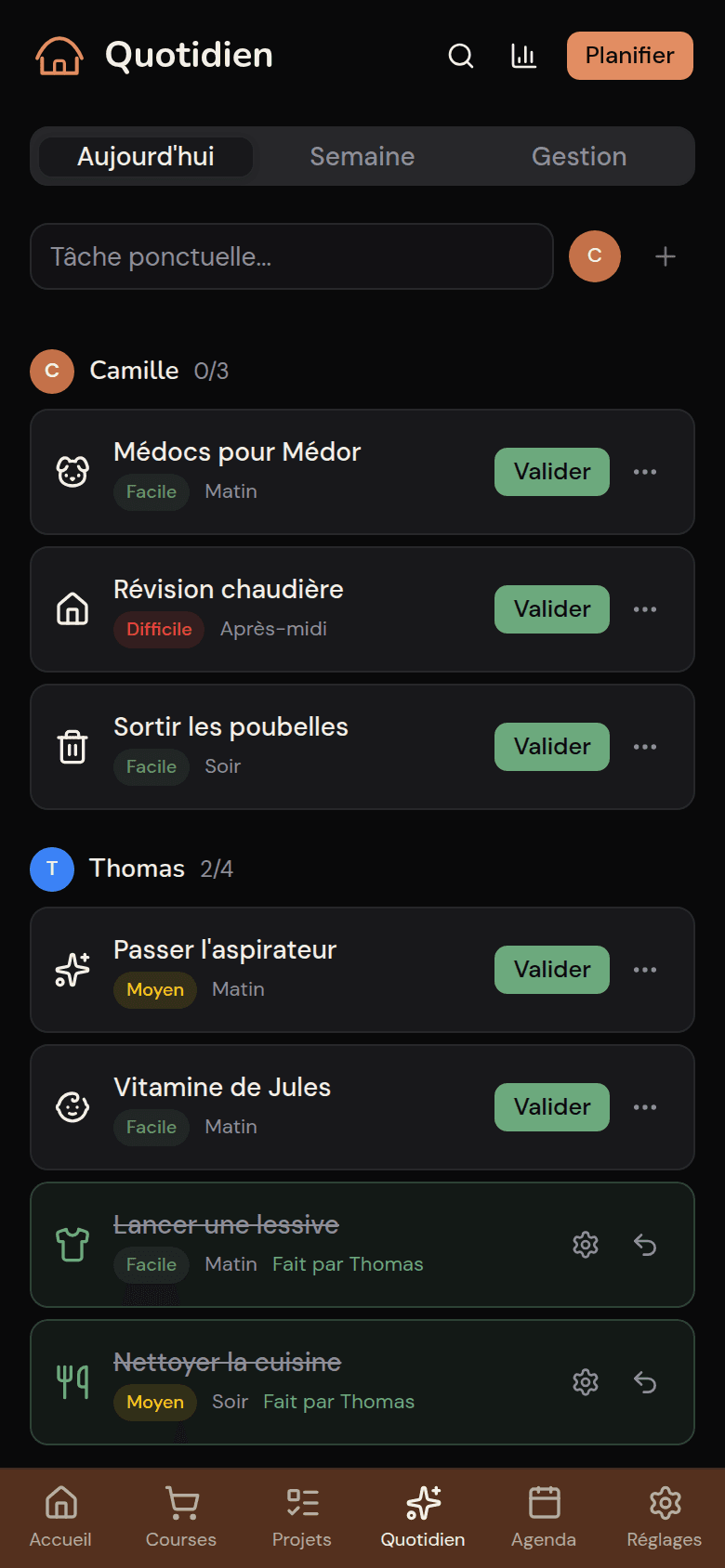 Tâches du jour par membre dans Kotidy