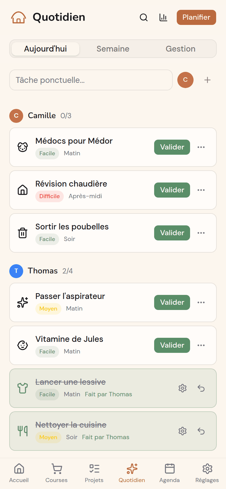 Tâches du jour par membre dans Kotidy